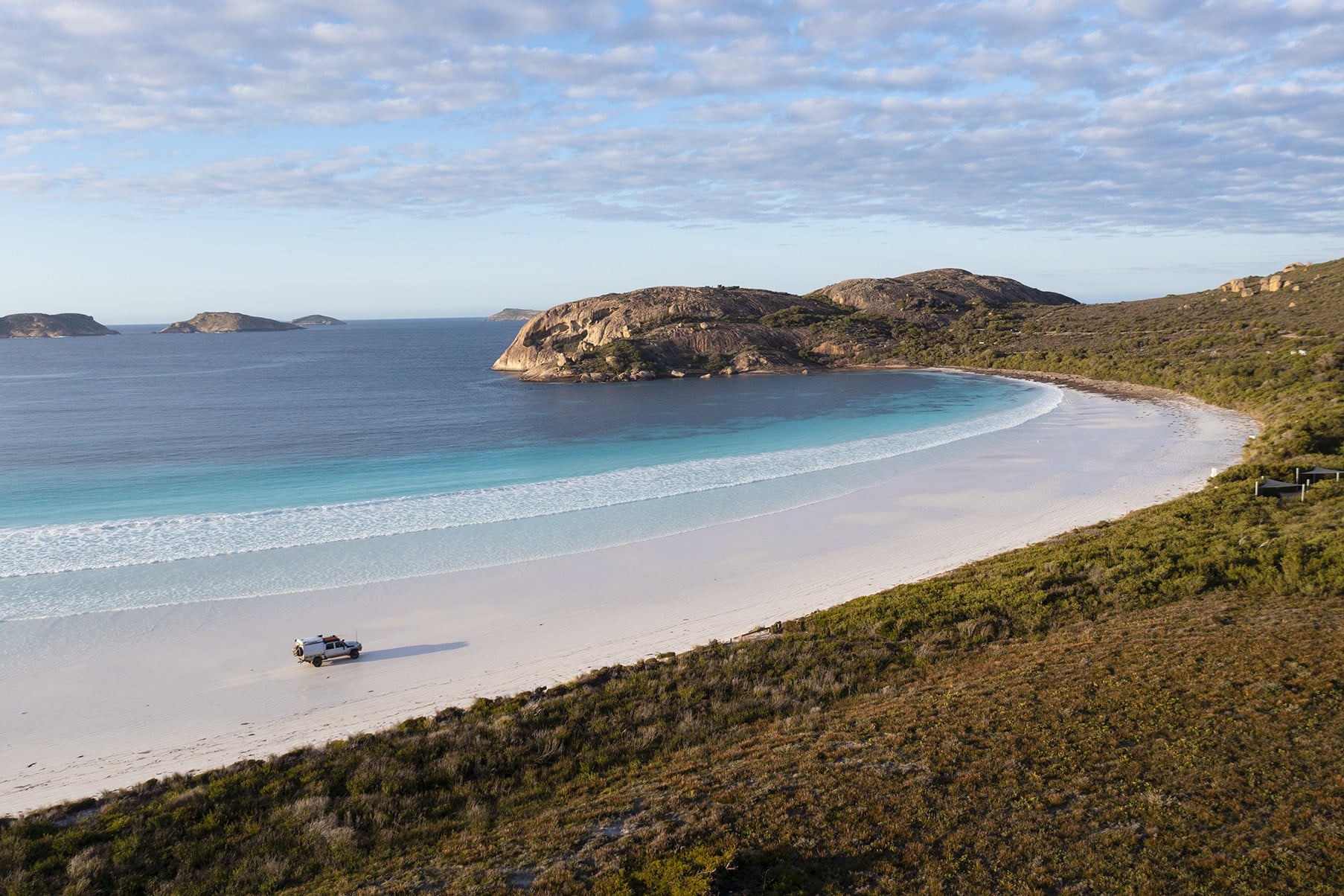 Aerial View of a 4WD driving on Lucky Bay, Esperance